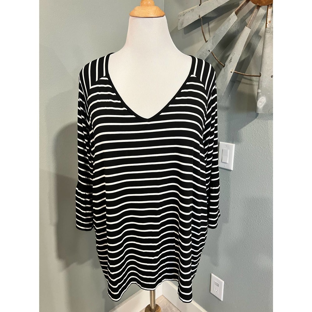 Calvin Klein Black and White Striped Jersey Tunic with Bell Sleeve
